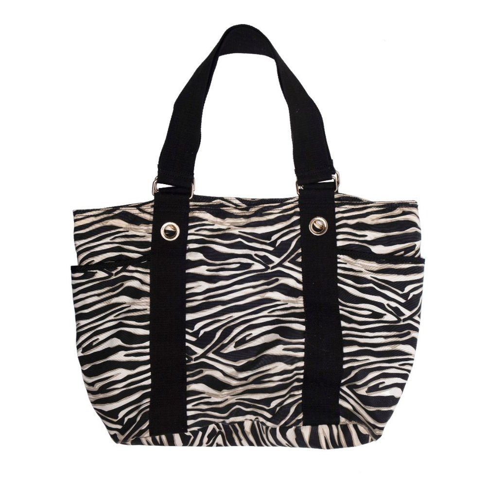 Zebra black tan print canvas tote handbag